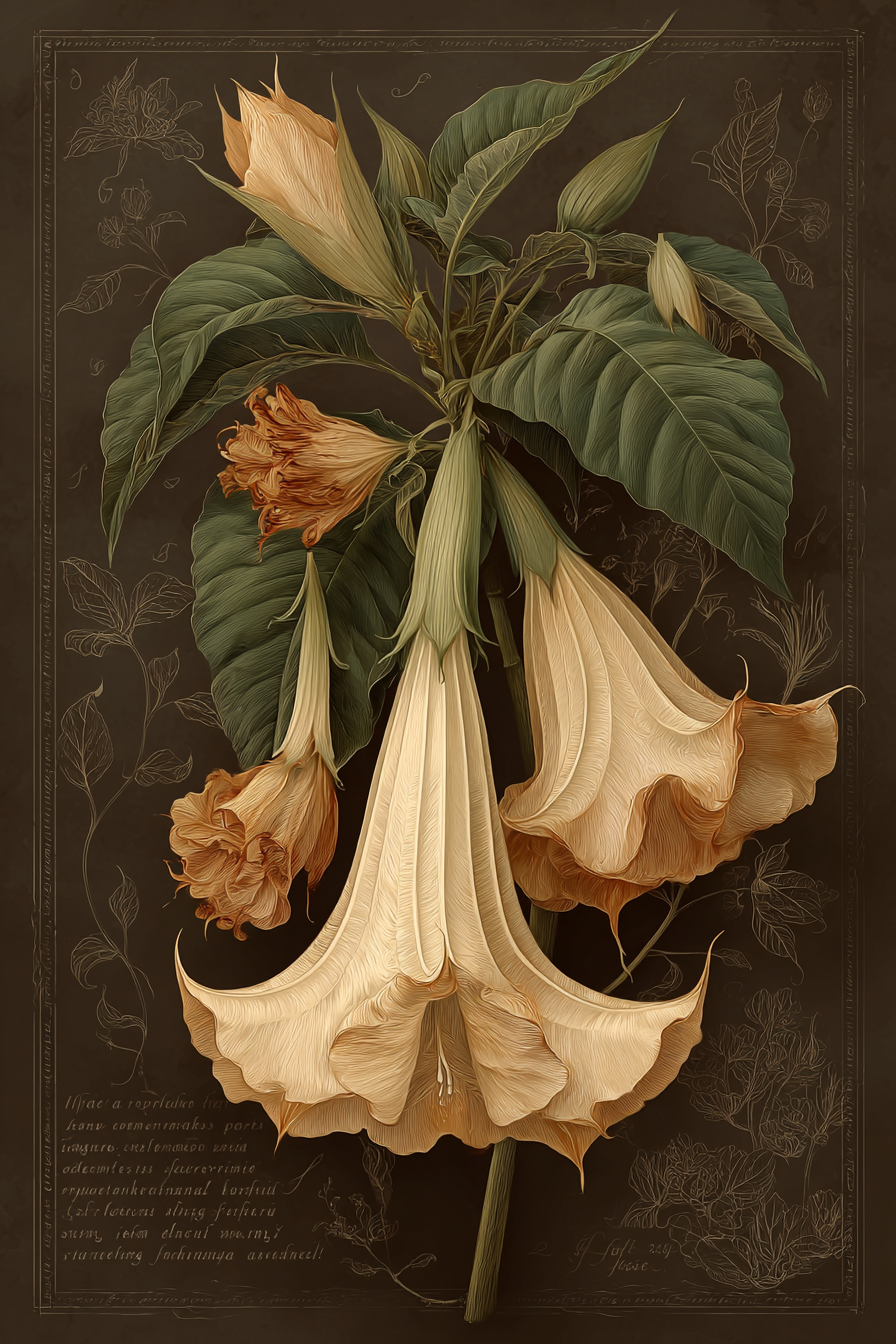 Victorian botanical illustration of Brugmansia angel's trumpet with enormous pale cream pendant trumpet flowers on aged parchment