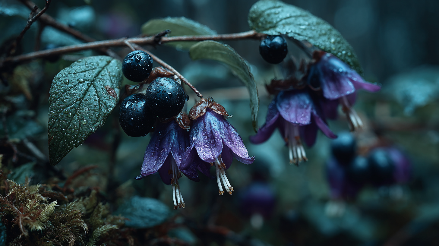 Atropa belladonna with glossy black berries and purple bell flowers growing at the edge of a shadowed moonlit forest, dark cottagecore aesthetic