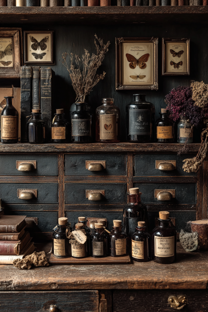 A dark wooden apothecary cabinet lined with cobalt glass bottles, dried herbs, pressed moths on aged parchment, and flickering candlelight casting long shadows