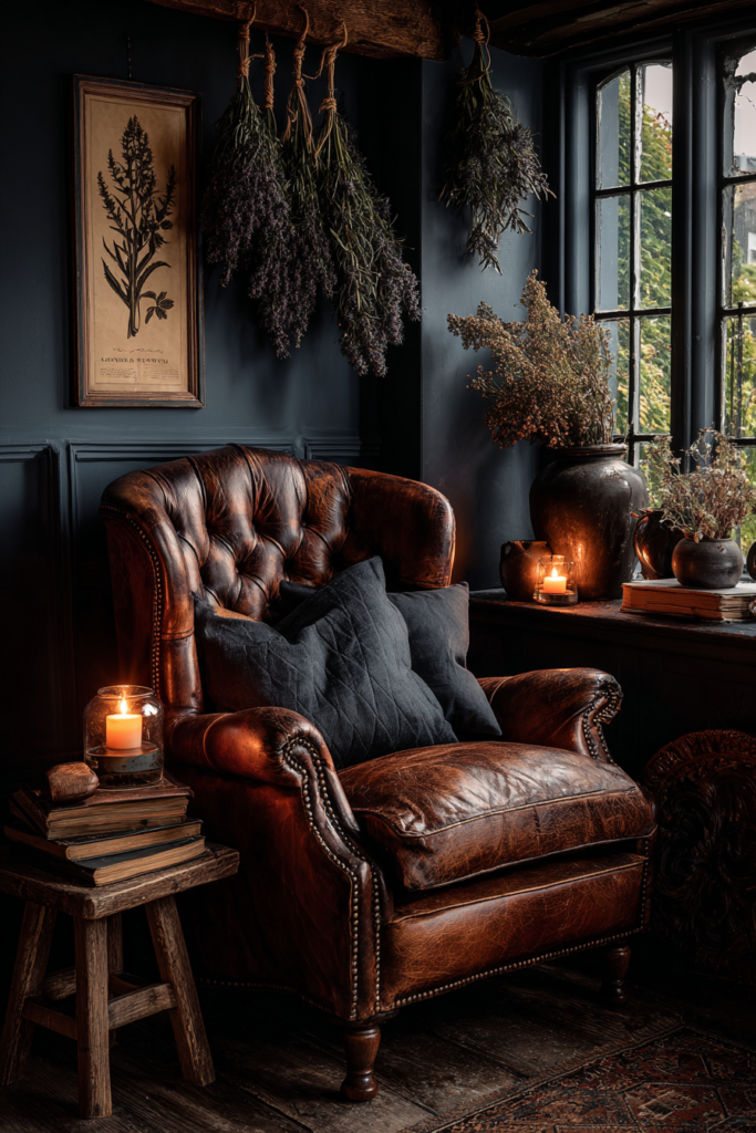 A dark cottagecore reading nook with a worn leather armchair, burning candles, dried herb bundles, aged books, and a Victorian botanical print on a deep navy wall