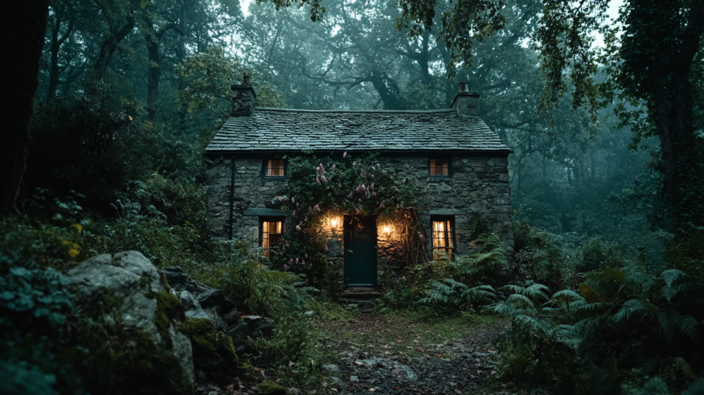 A mossy stone cottage at twilight surrounded by an overgrown poison garden with belladonna and foxglove at the door and candlelight glowing in the window