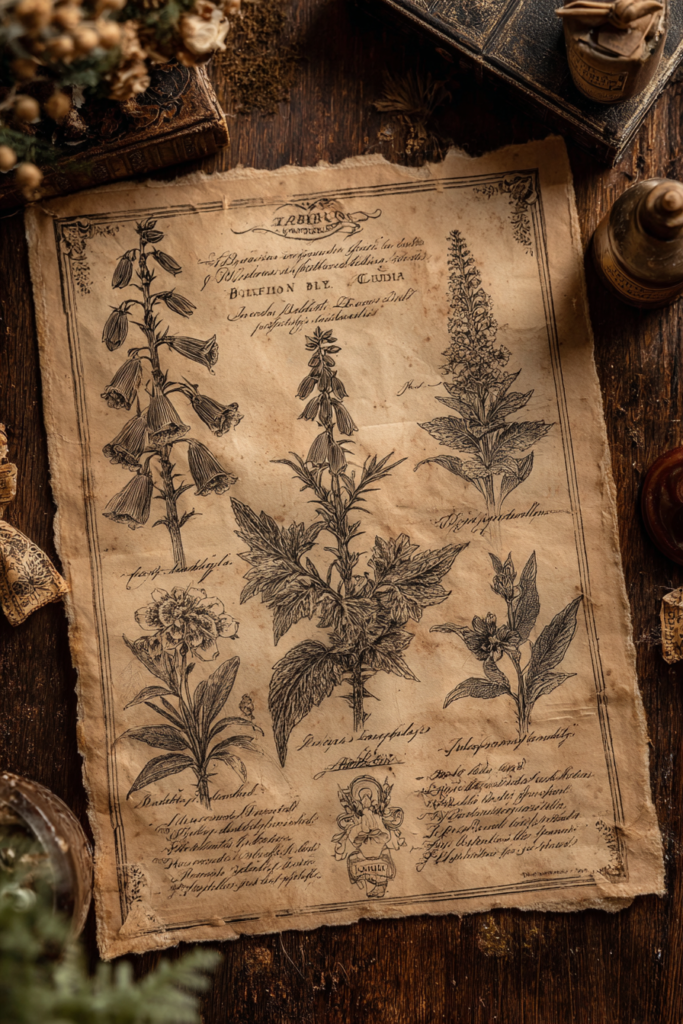 A Victorian botanical illustration plate showing belladonna, foxglove, hemlock, and wolfsbane on aged parchment with handwritten Latin labels in sepia ink