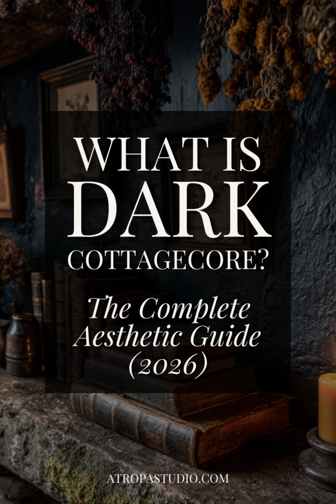 A dark cottagecore interior with dried herb bundles hanging from a dark ceiling, stacked aged leather books on a stone surface, dark glass bottles, and a beeswax candle, styled in deep navy and amber tones