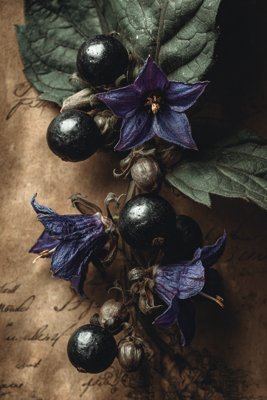 Victorian botanical illustration of Atropa belladonna deadly nightshade with purple flowers and black berries on aged parchment