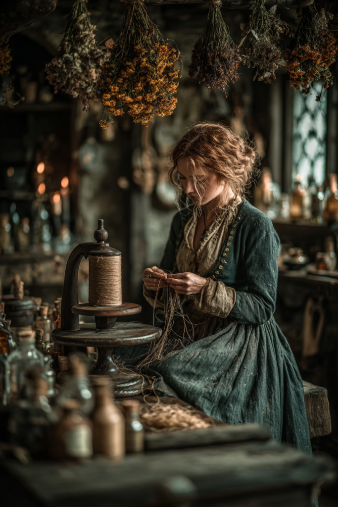 Clotho the Greek Fate spins the thread of life at a wooden spinning wheel in a candlelit dark cottagecore cottage