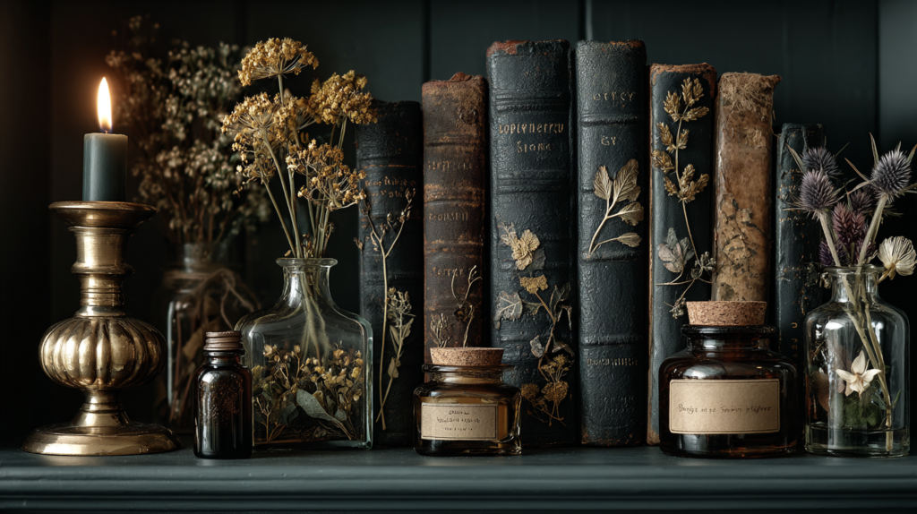Dark cottagecore bookshelf styled with apothecary bottles, dried botanicals, leather books, and a brass candleholder