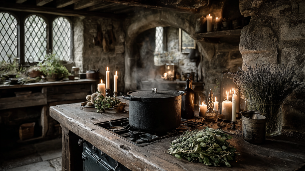 Dark cottagecore kitchen atmosphere with woodsmoke from a cast iron range, simmering pot with bay leaves, beeswax candles, drying herbs, rain through a cracked window and wormwood in the foreground