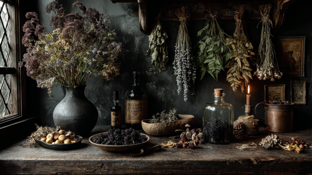 Dark cottagecore kitchen with dried mugwort, foxglove, belladonna berries, hemlock, and wild mushrooms arranged on stone countertops with amber candlelight