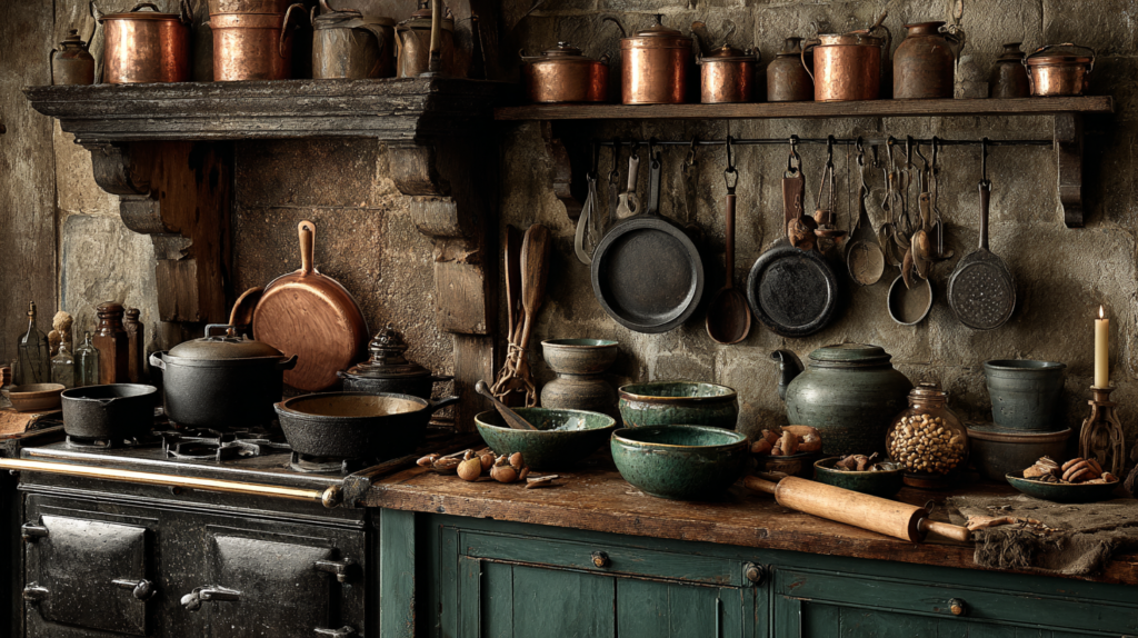 Dark cottagecore kitchen with copper pots on a wrought iron rack, cast iron skillets, hand-thrown ceramic bowls, stoneware crocks, and a bone-handled carving knife in forest green and charcoal tones