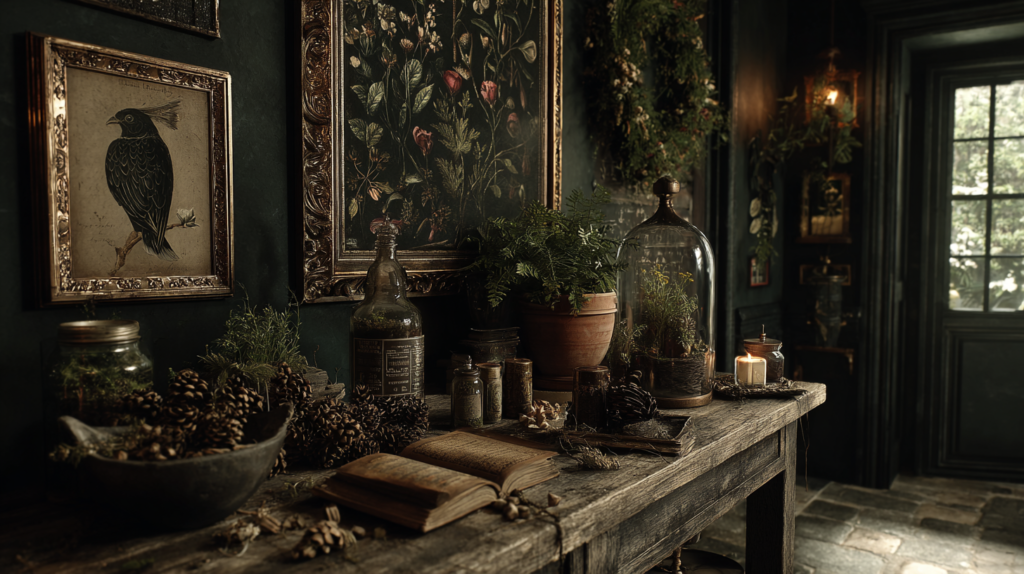 Dark cottagecore kitchen decor with a framed moth specimen, Victorian botanical prints, a vintage apothecary scale, dark handmade pottery, a moss terrarium, dried flower wreaths and an open herbal encyclopedia on a worn wooden table