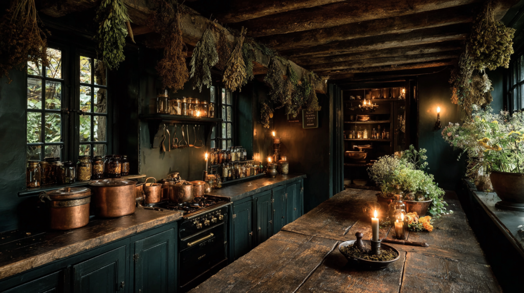 Dark cottagecore kitchen with dried herbs hanging from ceiling beams, copper pots, forest green walls, and warm candlelight
