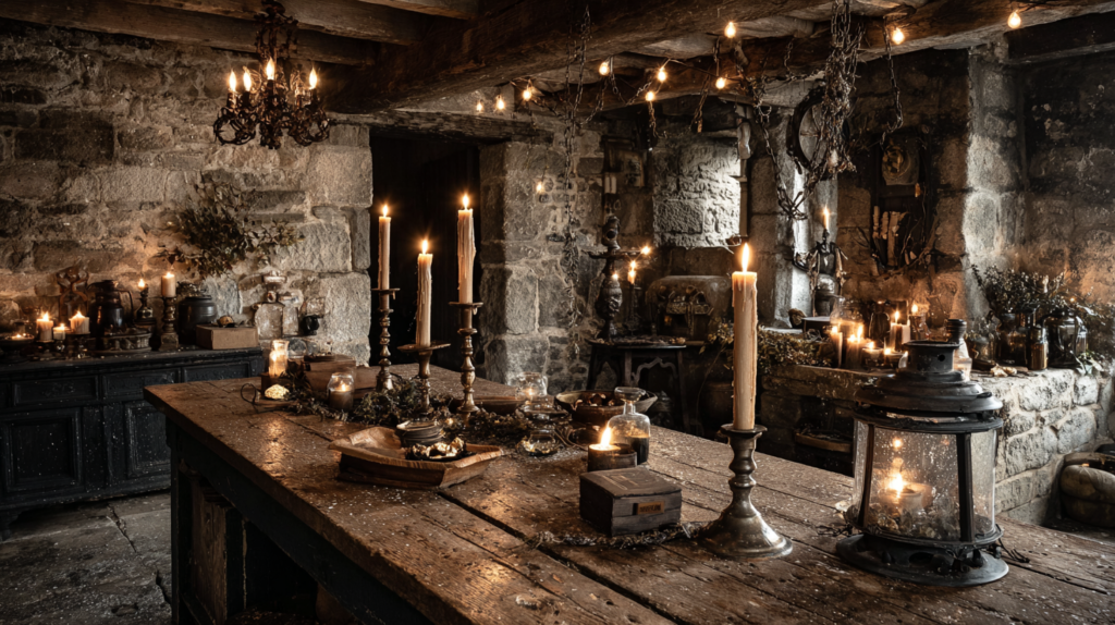 Dark cottagecore kitchen lit by beeswax pillar candles, a dripping wrought iron candelabra, a brass oil lamp, iron wall sconces, and a lantern casting uneven amber light across aged wood and stone