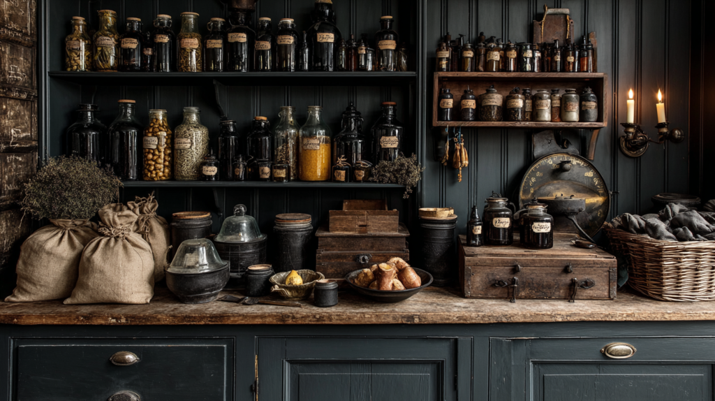 Dark cottagecore kitchen shelving with black-stained wooden shelves, apothecary jars, cobalt and amber tincture bottles, mason jars of dried herbs, ceramic canisters, and a vintage brass scale in moody candlelight