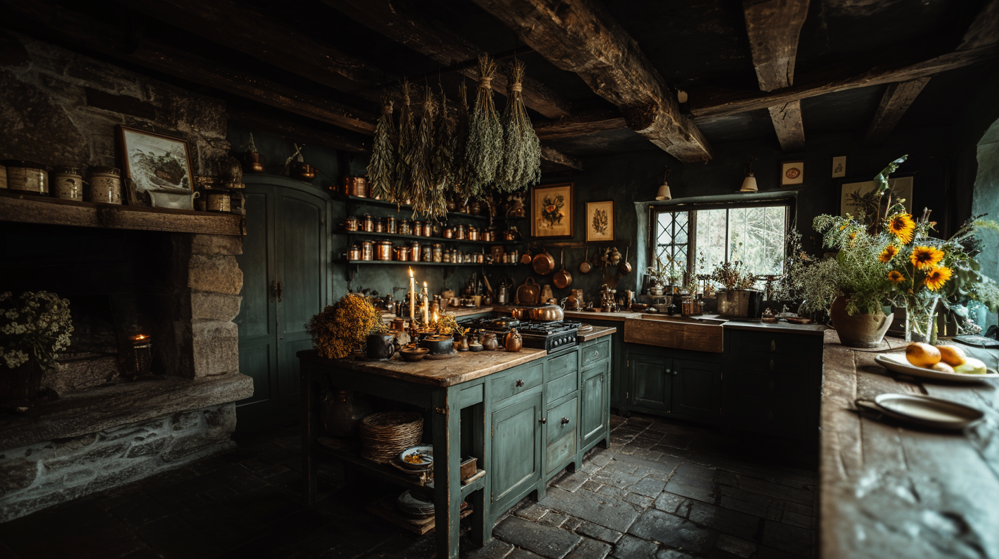 Dark cottagecore kitchen with forest green cabinets, dried herbs hanging from ceiling beams, copper cookware on open shelving, and amber candlelight