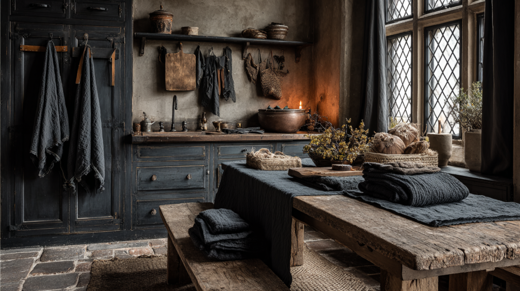 Dark cottagecore kitchen textiles featuring dark linen dish towels on iron hooks, a rough woven table runner, heavy linen curtains, aged ivory botanical embroidery tablecloth and a woven rush mat on flagstone floors