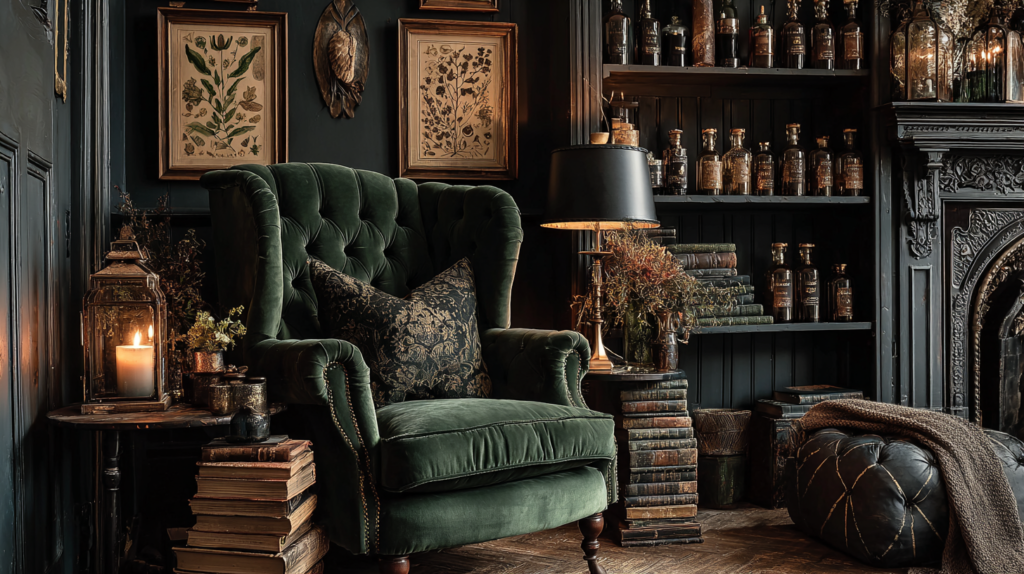 Dark cottagecore reading nook with worn leather armchair, brass lamp, framed belladonna specimen print, and apothecary shelf