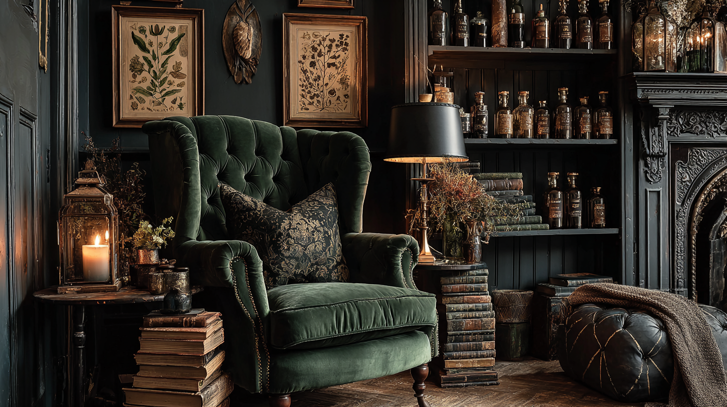 Dark cottagecore reading nook with worn leather armchair, brass lamp, framed belladonna specimen print, and apothecary shelf