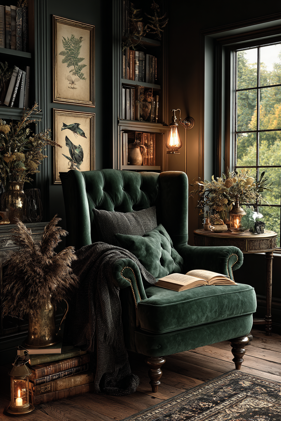 Dark cottagecore reading nook with forest green velvet armchair, wool throw, and warm brass lamp