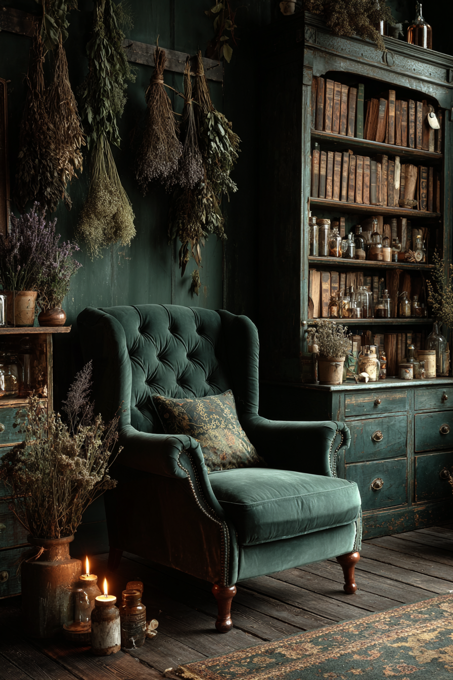 Dark cottagecore reading nook corner with velvet armchair and tall dark wooden bookshelf
