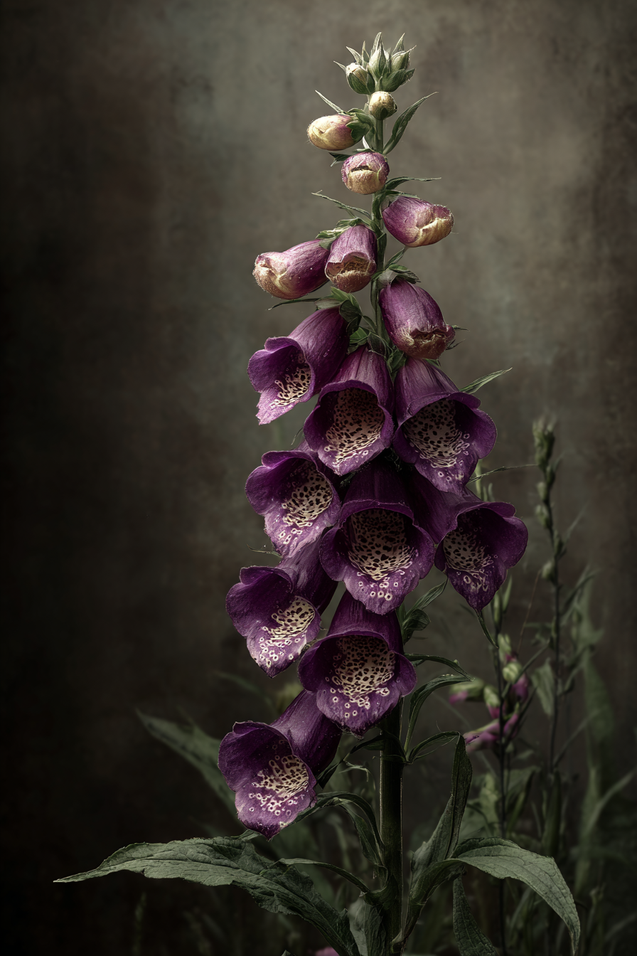 Victorian botanical illustration of Digitalis purpurea foxglove with tall purple spotted bell flower spire on aged parchment