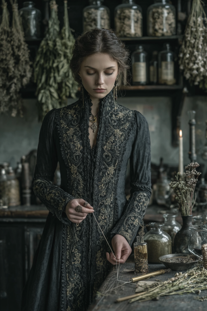 Lachesis the Greek Fate measures the thread of life at a dark apothecary table surrounded by botanical specimens
