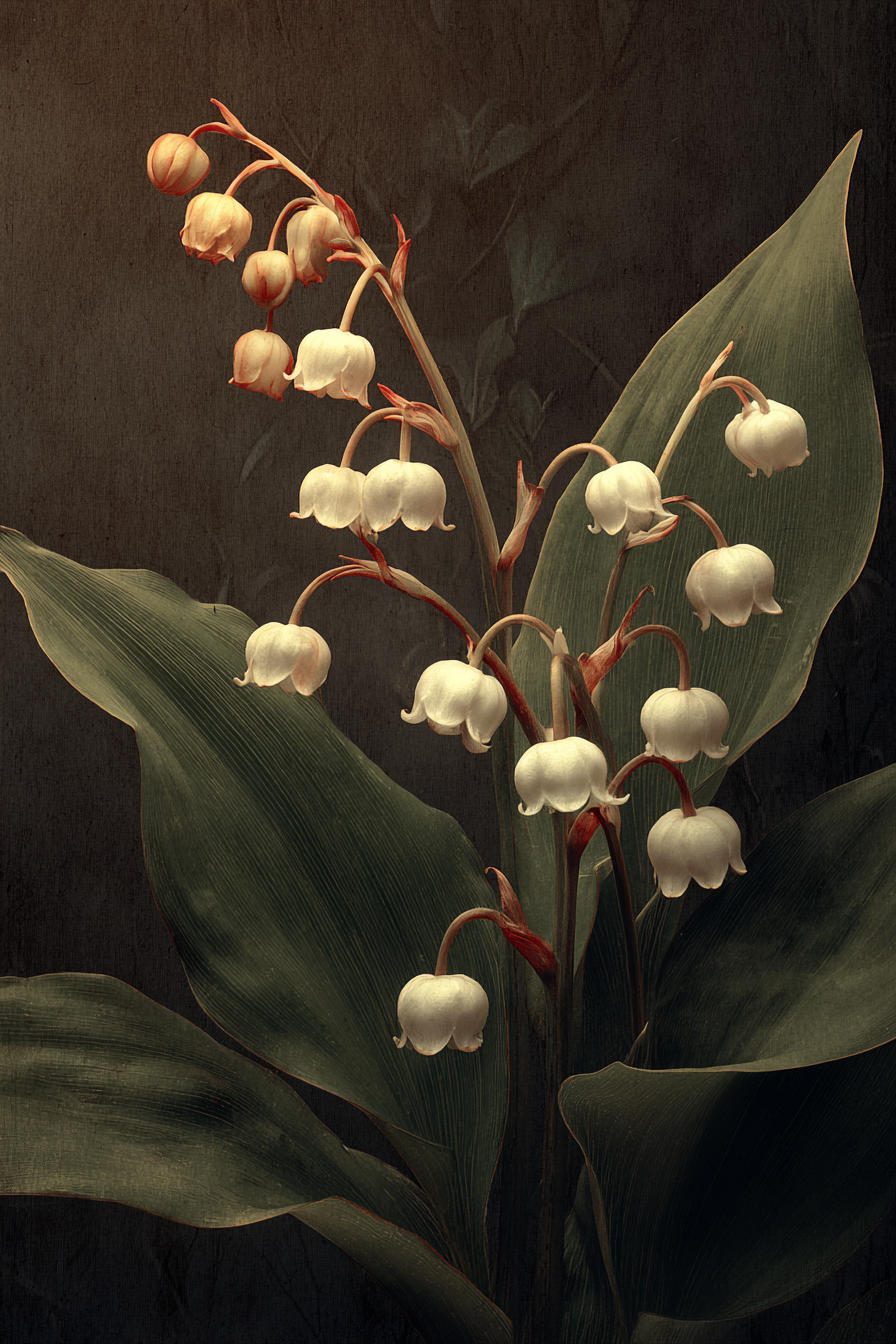 Victorian botanical illustration of Convallaria majalis lily of the valley with delicate white bell flower clusters on aged parchment