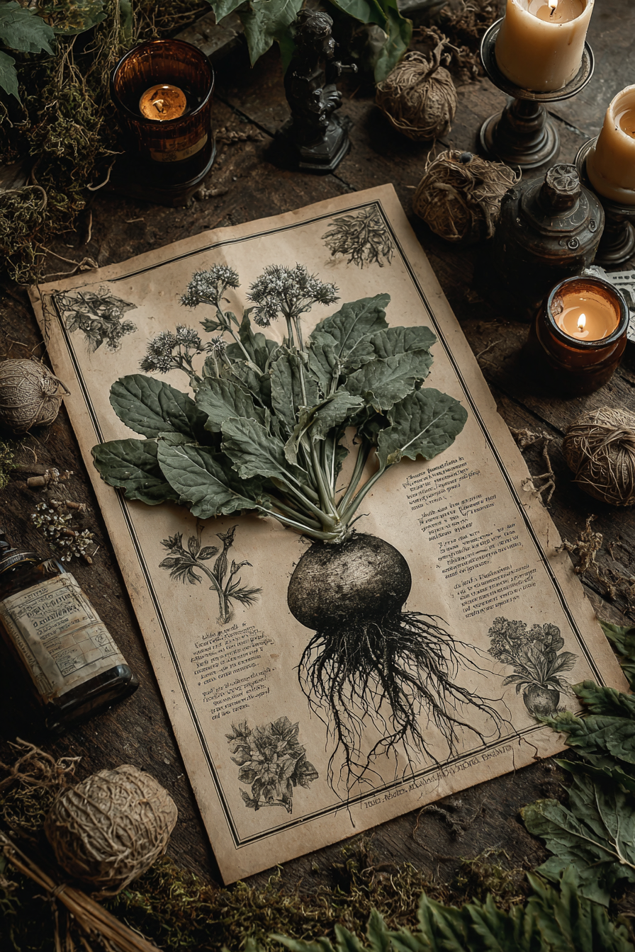Victorian botanical illustration of Mandragora officinarum mandrake with pale bell flowers and forked human shaped root on aged parchment
