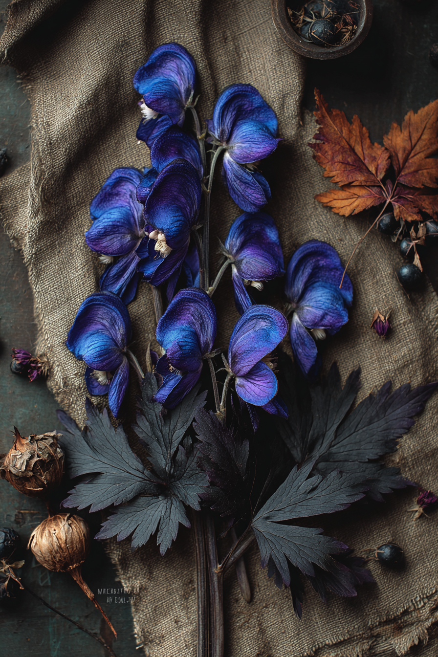 Victorian botanical illustration of Aconitum monkshood with deep blue purple hooded flowers and dark divided leaves on aged parchment