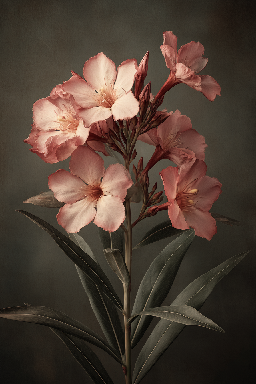 Victorian botanical illustration of Nerium oleander with soft pink flower clusters and dark lance shaped leaves on aged parchment
