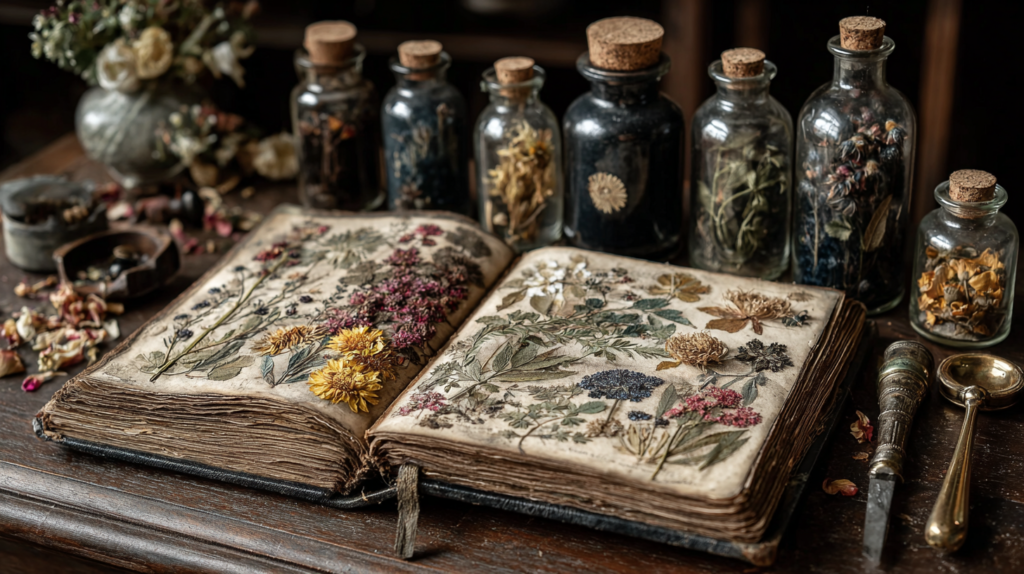 Flat lay of poisonous botanical specimens including belladonna, foxglove, wolfsbane and mandrake arranged on aged parchment in Victorian specimen collection style