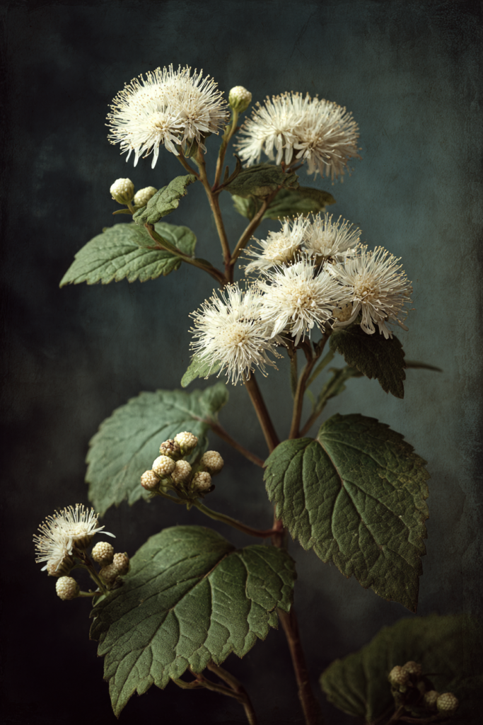 Victorian botanical illustration of Ageratina altissima white snakeroot with small white flower clusters and serrated leaves on aged parchment