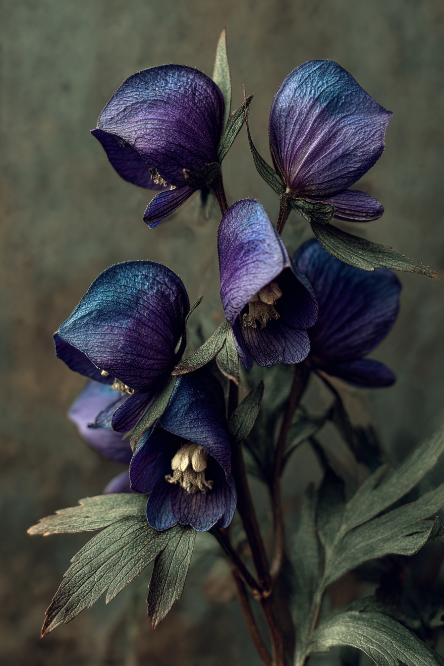 Victorian botanical illustration of Aconitum napellus wolfsbane with deep violet hooded flowers and dark leaves on aged parchment