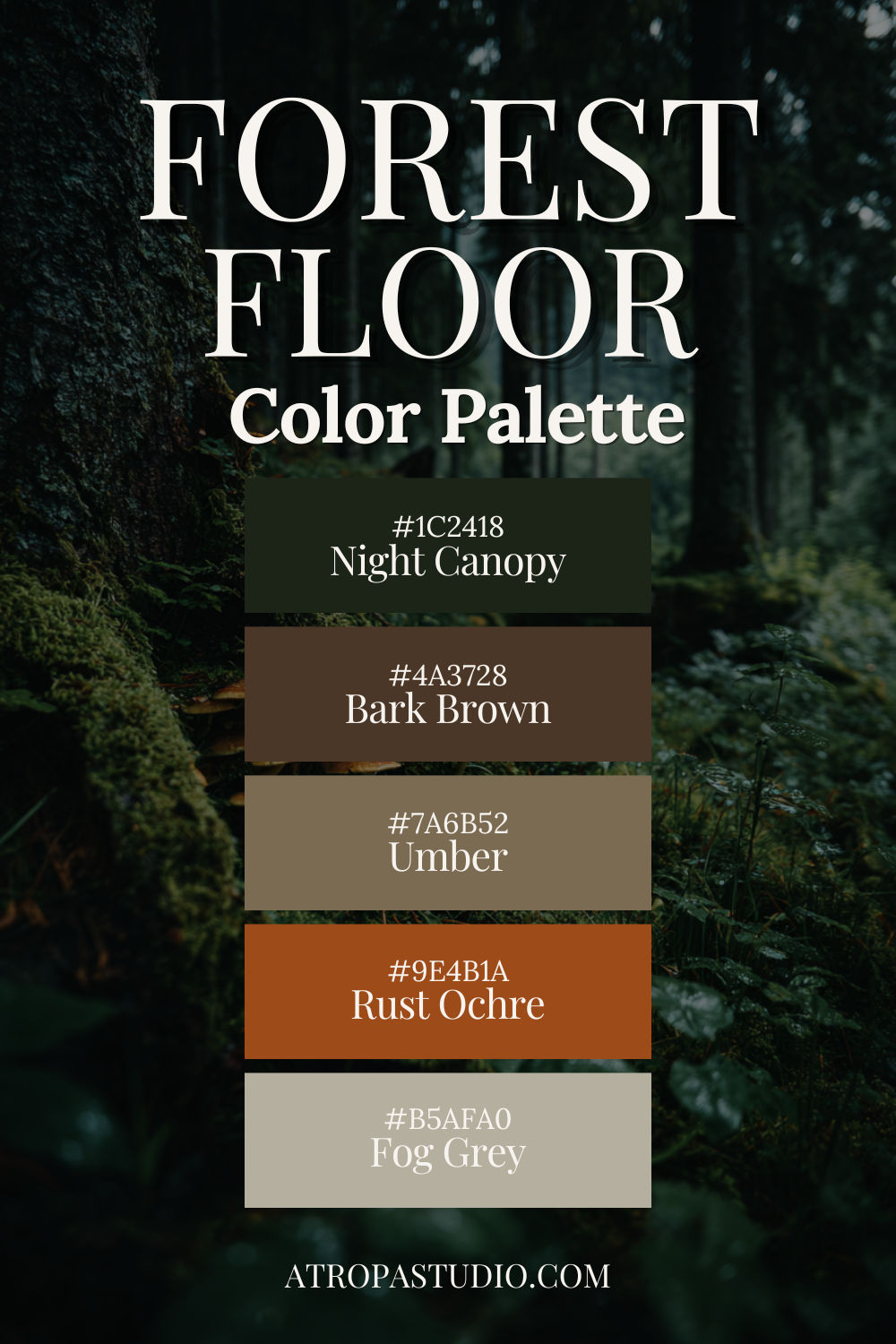 Dark cottagecore colour palette called Forest Floor featuring five swatches — Night Canopy #1C2418, Bark Brown #4A3728, Umber #7A6B52, Rust Ochre #9E4B1A, and Fog Grey #B5AFA0 — overlaid on a moody photograph of a dark forest floor with moss-covered tree roots, mushrooms, and dense woodland.