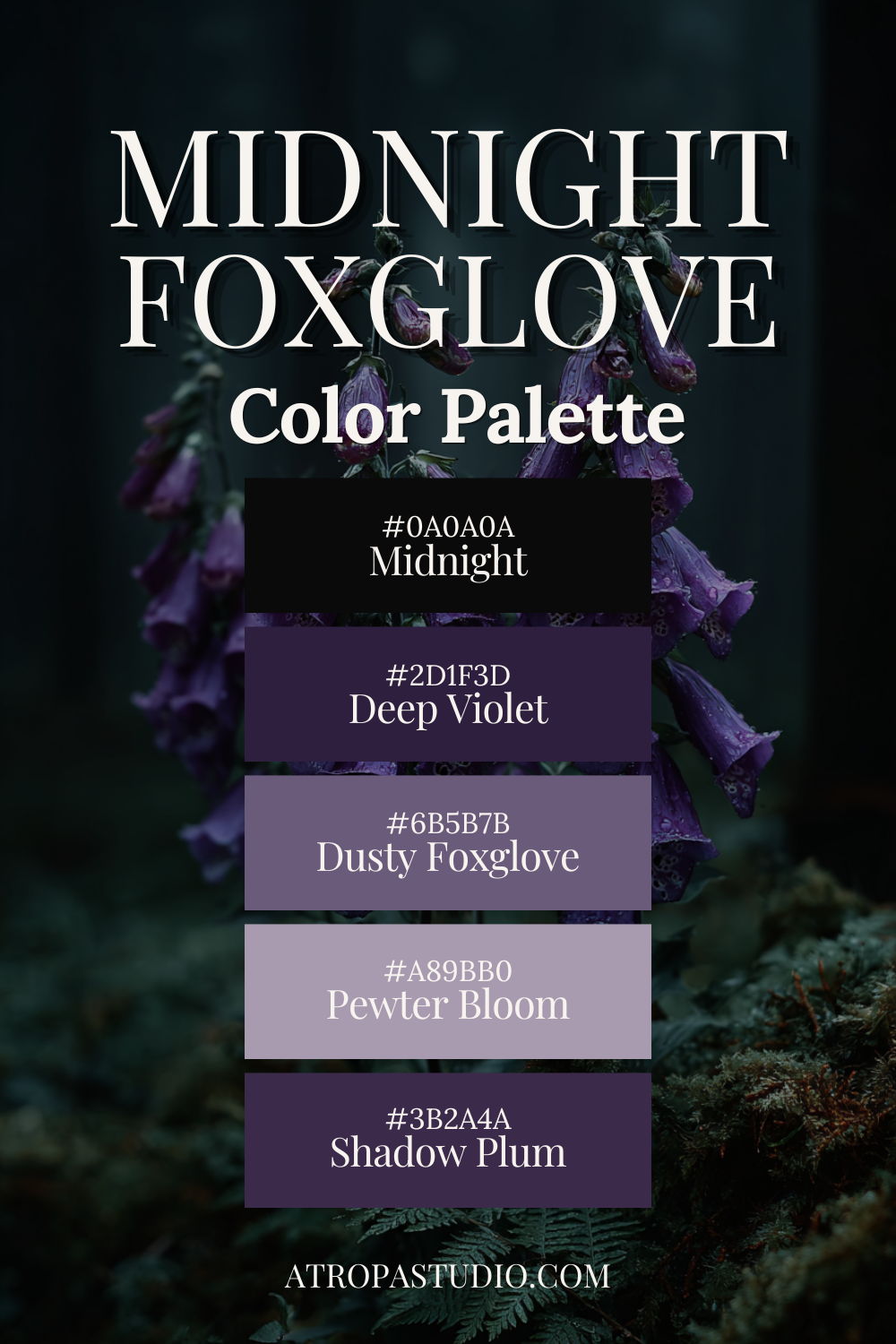 Dark cottagecore colour palette called Midnight Foxglove featuring five swatches — Midnight #0A0A0A, Deep Violet #2D1F3D, Dusty Foxglove #6B5B7B, Pewter Bloom #A89BB0, and Shadow Plum #3B2A4A — overlaid on a moody photograph of purple foxglove spires rising from a mossy forest floor.