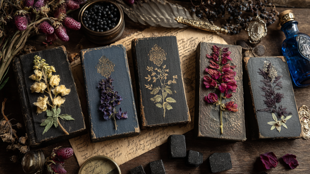 Moody dark cottagecore flat lay on aged parchment featuring pressed botanical specimens including belladonna, foxglove, hemlock, wolfsbane, mandrake root, and mugwort alongside a crow feather, cobalt glass tincture bottle, and tarnished brass pen nib, styled in deep navy and forest moss tones with film grain and cinematic atmosphere.