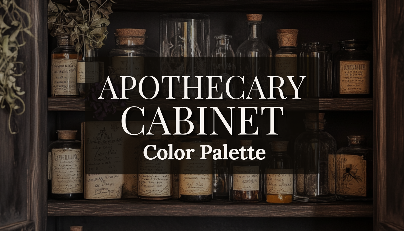 Apothecary Cabinet dark cottagecore color palette with five hex codes: Deep Navy, Forest Moss, Beeswax, Tincture Brown and Vellum