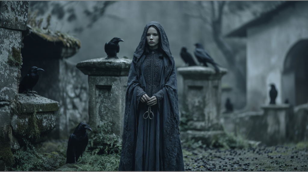 A hooded woman in a dark embroidered cloak stands among mossy stone pillars in a foggy garden holding antique scissors, surrounded by ravens, dark cottagecore aesthetic