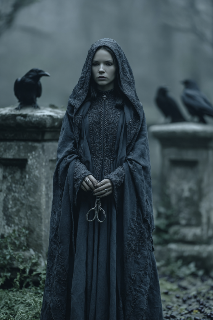 A hooded woman in a dark embroidered cloak stands between mossy stone pillars in a foggy garden, holding antique scissors, with two ravens perched on either side