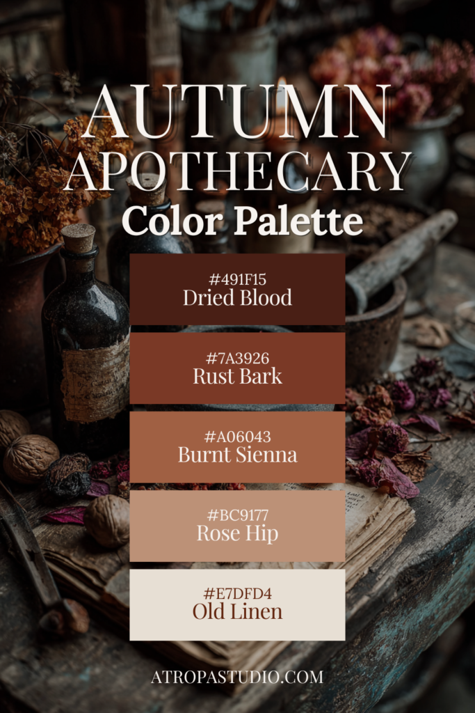 Autumn apothecary color palette featuring dried blood, rust bark, burnt sienna, rose hip, and old linen tones for dark cottagecore interiors