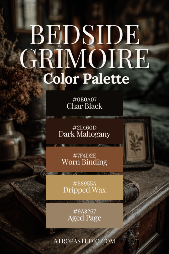 Bedside Grimoire dark cottagecore color palette with five hex codes: Char Black, Dark Mahogany, Worn Binding, Dripped Wax and Aged Page