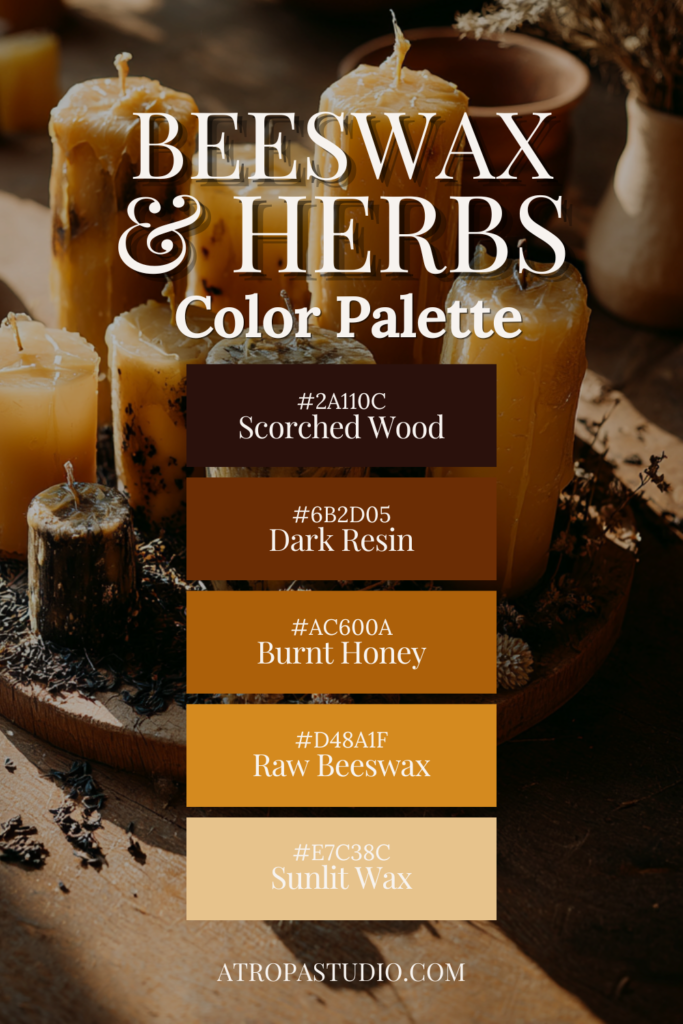 Beeswax and herbs color palette with scorched wood, dark resin, burnt honey, raw beeswax and sunlit wax tones for witchy dark cottagecore decor