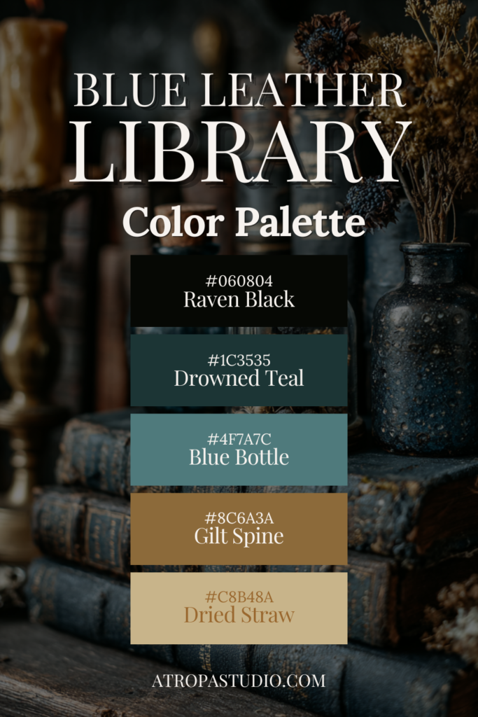Blue Leather Library dark cottagecore color palette with five hex codes: Raven Black, Drowned Teal, Blue Bottle, Gilt Spine and Dried Straw