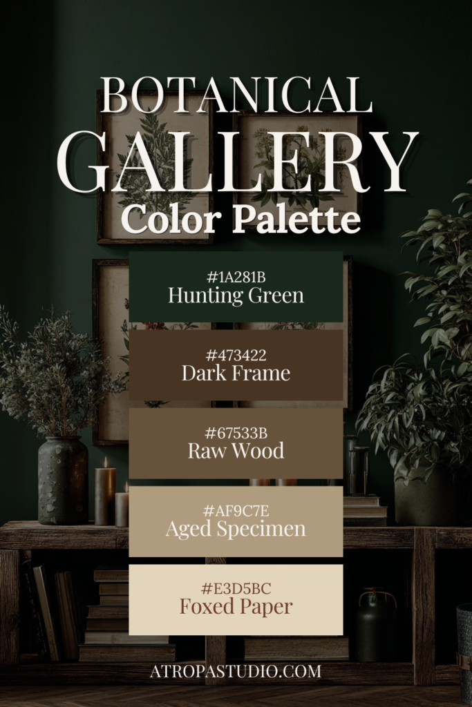 Botanical Gallery dark cottagecore color palette with five hex codes: Hunting Green, Dark Frame, Raw Wood, Aged Specimen and Foxed Paper