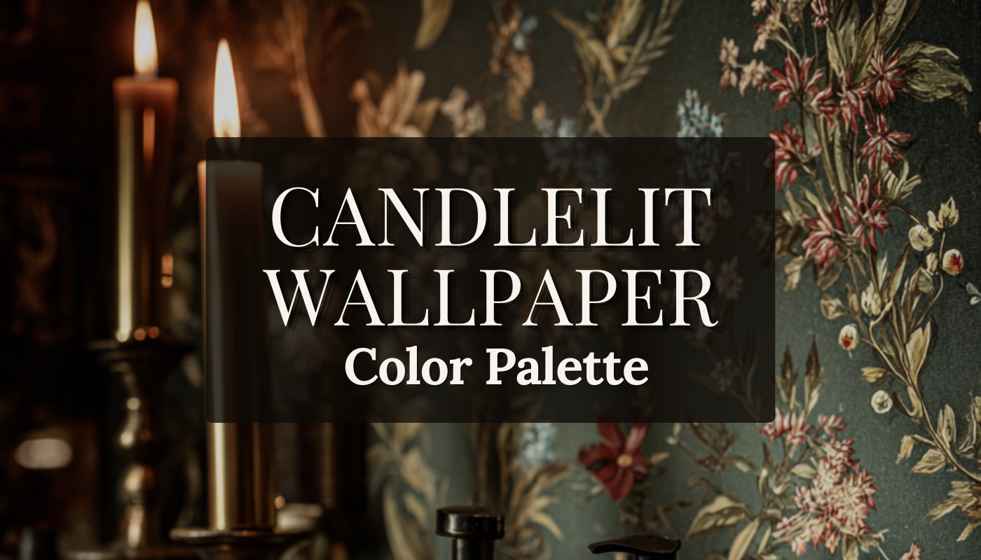 Dark cottagecore room with tall black candles in tarnished brass holders against a deep botanical wallpaper with red and cream florals