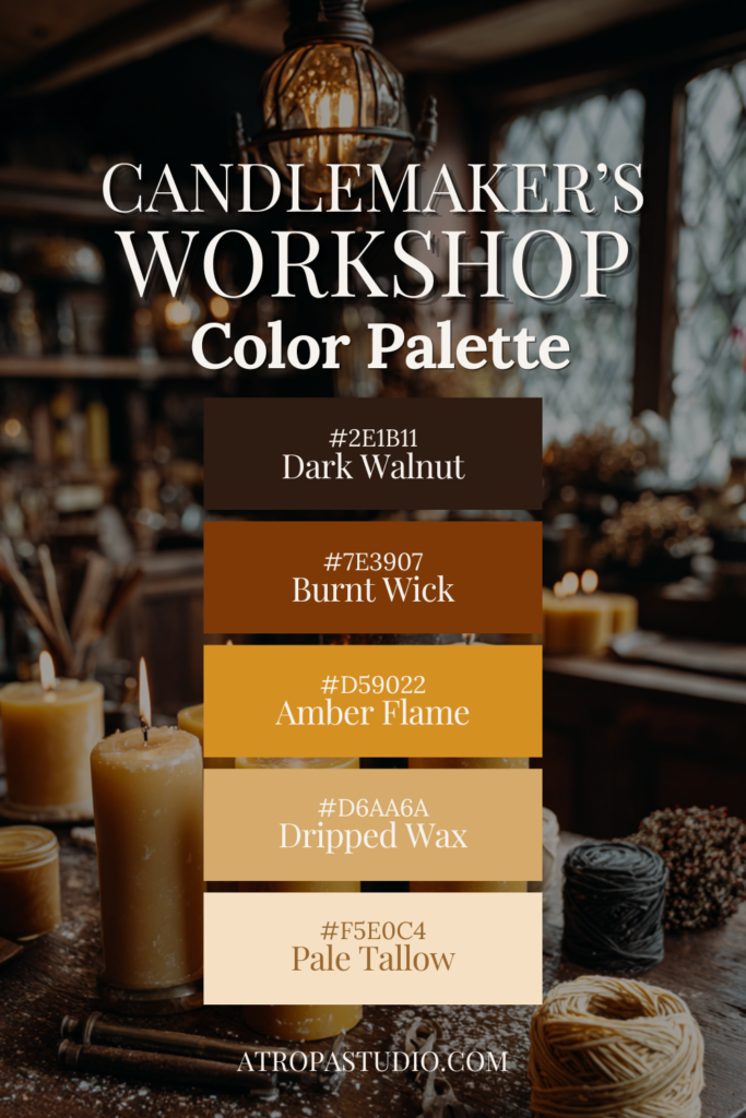 Candlemaker's workshop color palette with dark walnut, burnt wick, amber flame, dripped wax and pale tallow for dark cottagecore interiors