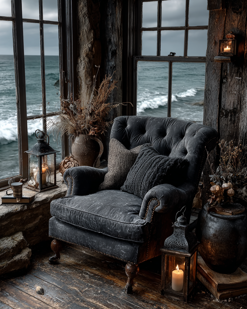 A worn dark upholstered armchair near a large multi paned window in a coastal gothic interior with weathered dark wood plank walls, a calm grey sea visible beyond the glass, and a glowing lantern on the rough floor beside it