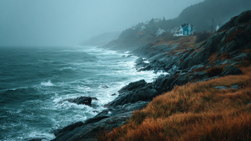Windswept Atlantic Maritime coastal headland in late autumn with dark rocks, cold grey water, sea grass and distant fishing village in coastal mist