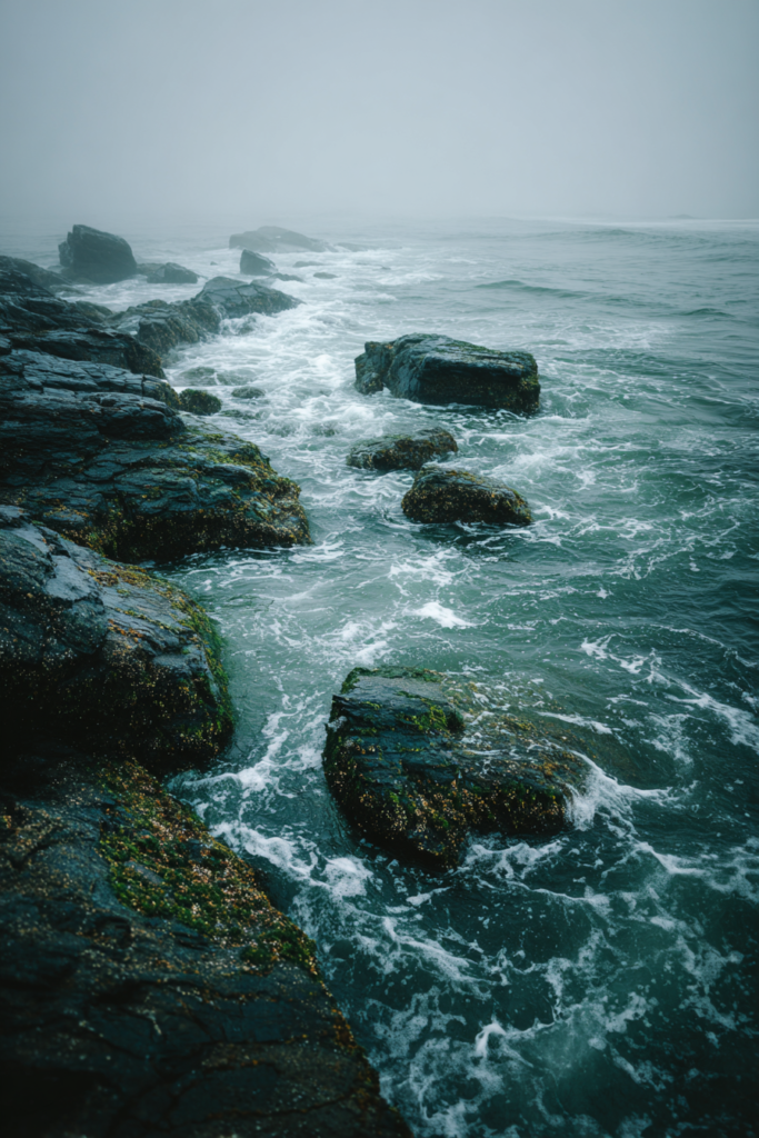 Fog-covered Atlantic shoreline at dusk with dark barnacle-covered rocks and grey sea foam in coastal gothic aesthetic