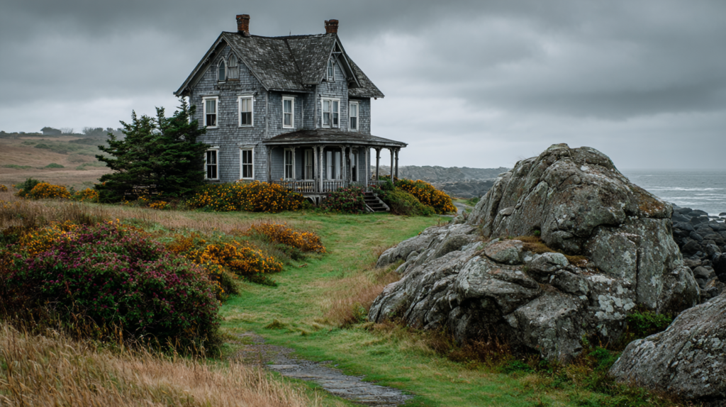 Exterior of a weathered grey Victorian house on a rocky Atlantic headland with widow's walk and heavy storm sky