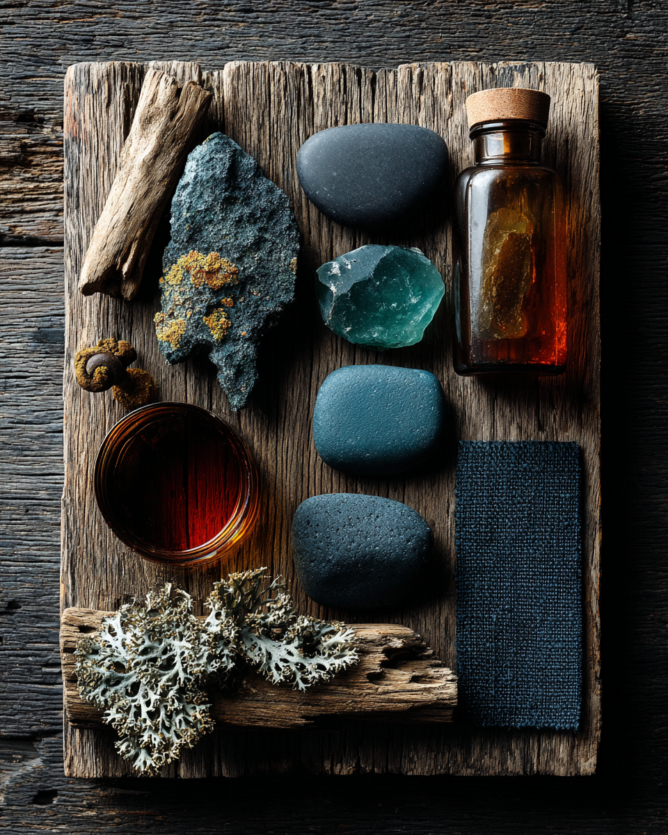 A flat lay of coastal gothic decor objects on aged dark wood including dark sea glass, tarnished brass hardware, dried kelp, lichen-covered stone, and charcoal linen